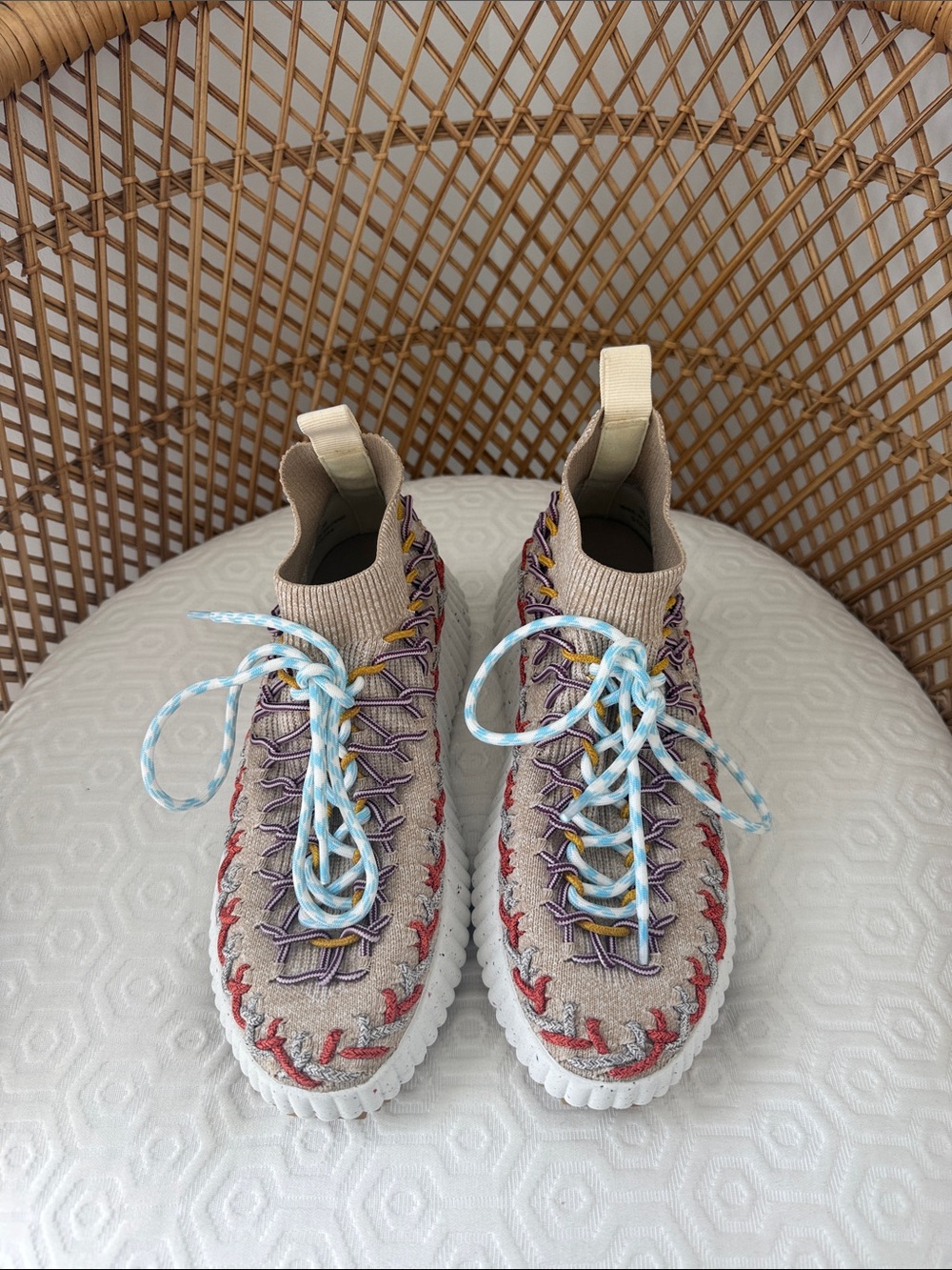 Chloe Knit High-Top Sneakers with Multicolor Stitching